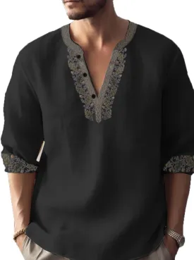 Mens Summer Cotton Linen Shirts 2025 Casual Button Down Long Sleeve Henley Shirts Vintage Beach Vacation T-Shirts