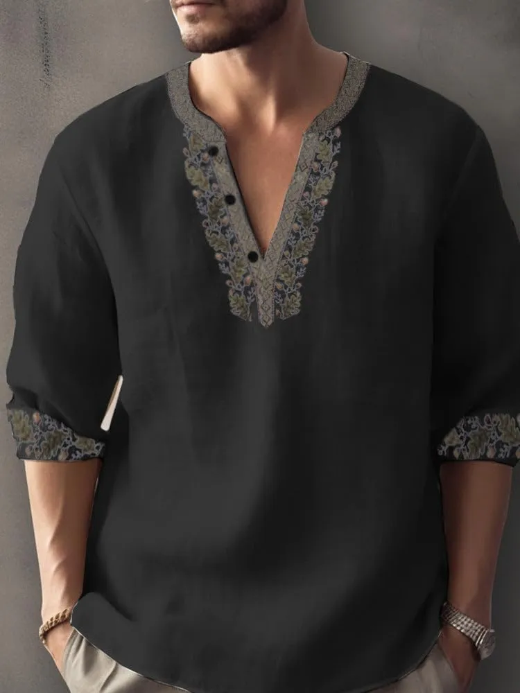Mens Summer Cotton Linen Shirts 2025 Casual Button Down Long Sleeve Henley Shirts Vintage Beach Vacation T-Shirts