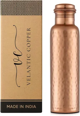 Pure Copper Water Bottle - 32 oz - Handcrafted BPA Free Non-Insulated Jointless Leakproof Durable Metal Bottles for Sports and Travel - Glossy Hammered