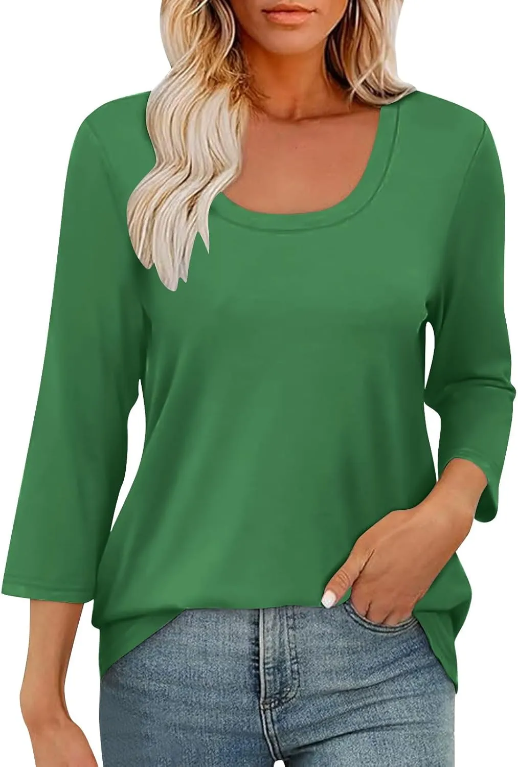 Scoop Neck 3/4 Sleeve Tees for Women Dressy Casual Gradient Tunic Solid Color Block Tops Blouses Summer Stripes Tee