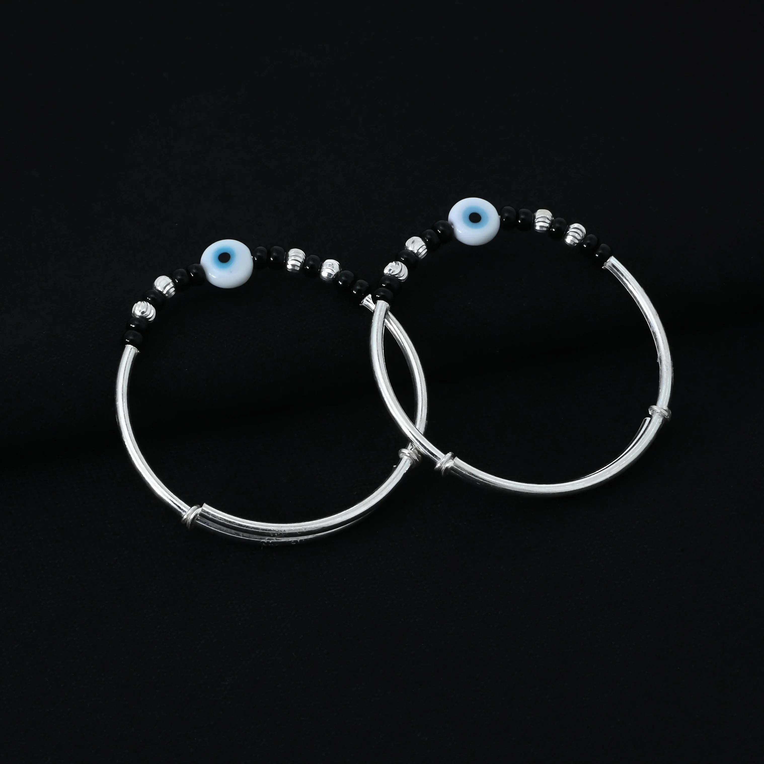 Silver Center Blue Evil Eye with Black and Silver Beads Kada Payal for Baby