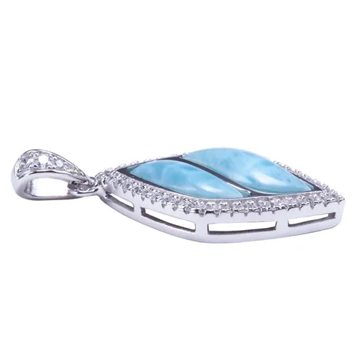 Sterling Silver Diamond Shape with Larimar Inlay Pave CZ Pendant (Chain Sold Separately)