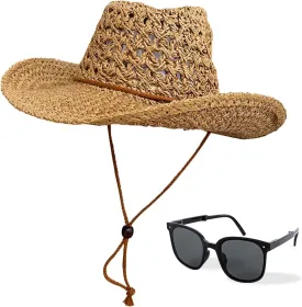 Straw Cowboy Hat Wide Brim Sun Hat Cowgirl Summer Western Cowboy Hat for Holiday Party Men Women with Sunglasses