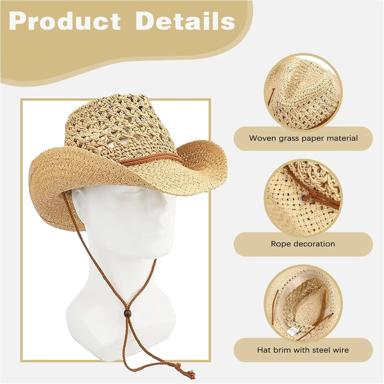 Straw Cowboy Hat Wide Brim Sun Hat Cowgirl Summer Western Cowboy Hat for Holiday Party Men Women with Sunglasses