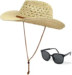 Straw Cowboy Hat Wide Brim Sun Hat Cowgirl Summer Western Cowboy Hat for Holiday Party Men Women with Sunglasses