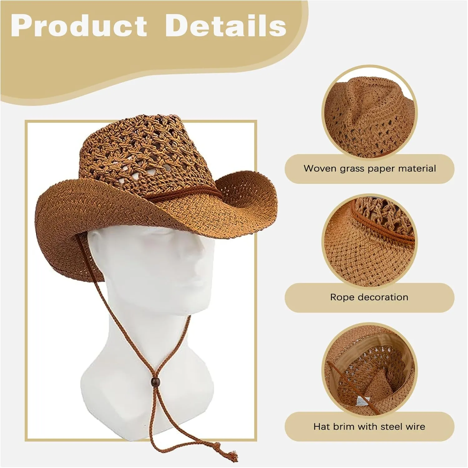 Straw Cowboy Hat Wide Brim Sun Hat Cowgirl Summer Western Cowboy Hat for Holiday Party Men Women with Sunglasses