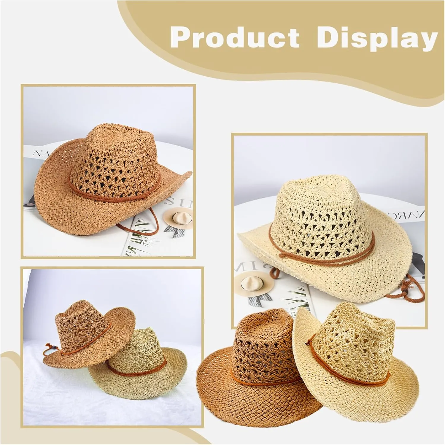 Straw Cowboy Hat Wide Brim Sun Hat Cowgirl Summer Western Cowboy Hat for Holiday Party Men Women with Sunglasses