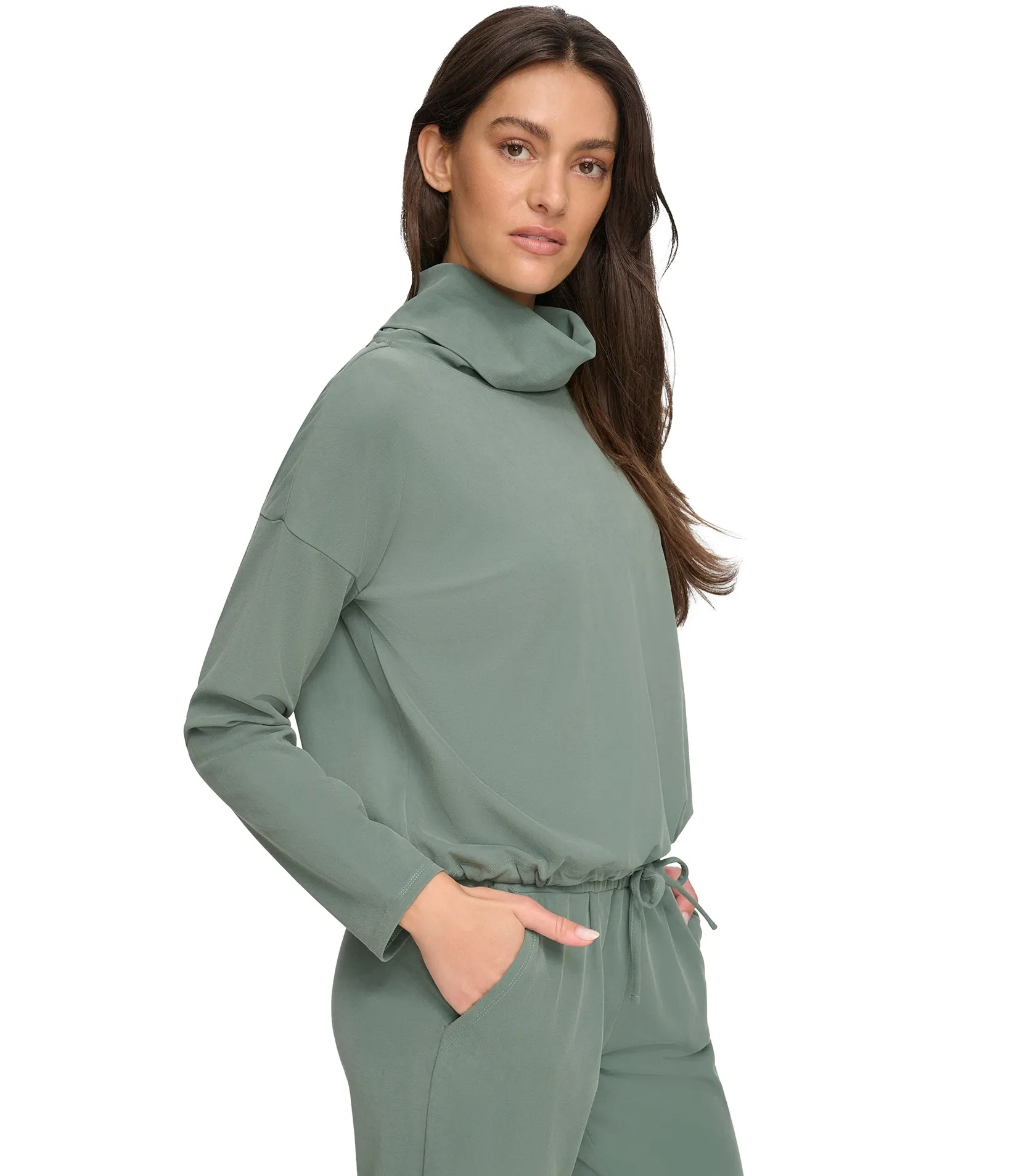 Sueded Pique Cowl Neck Top With Drawstring