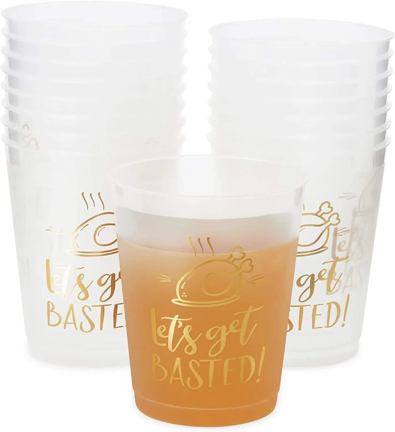 Thanksgiving Plastic Cups, Let’s Get Basted Gold Foil Design (Clear, 16 oz, 16 Pack)