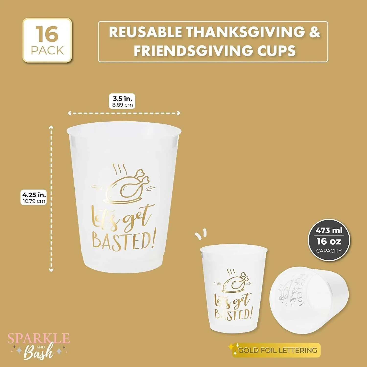 Thanksgiving Plastic Cups, Let’s Get Basted Gold Foil Design (Clear, 16 oz, 16 Pack)