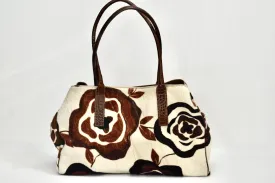 Vintage 1990s Italian Leather Pony Hair Brown Floral Handbag By Mauarizio Taiuti