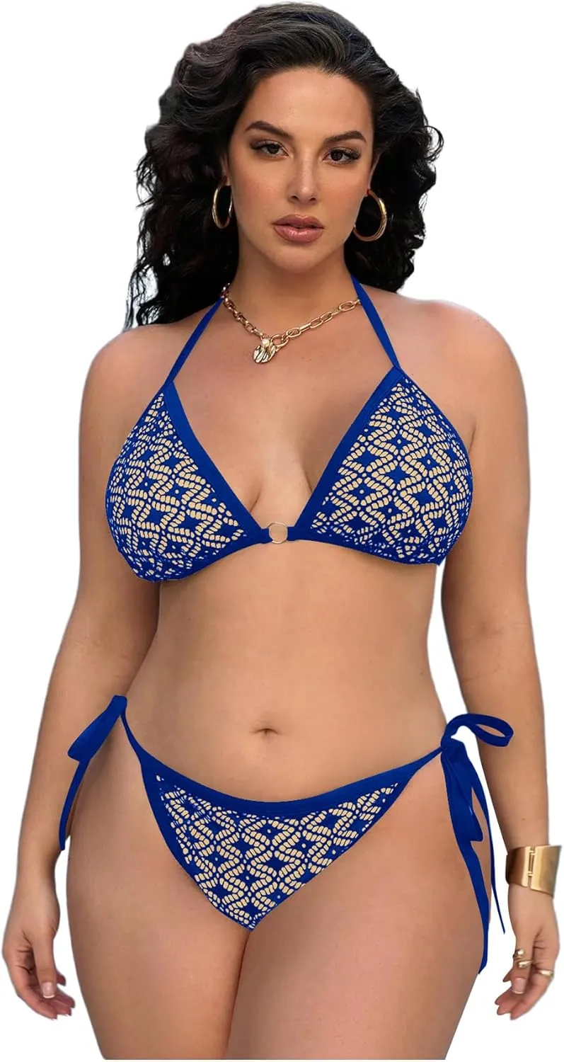 Women Plus Size Thong Bikini Sets String Two Piece Halter Swimsuits with Tie Side Bottom