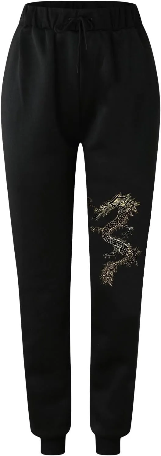 Womens Cinch Bottom Sweatpants Dragon Graphic Joggers Baggy High Waisted Drawstring Waist Active Running Pants with Pockets