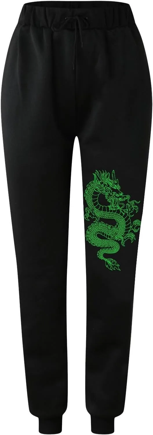 Womens Cinch Bottom Sweatpants Dragon Graphic Joggers Baggy High Waisted Drawstring Waist Active Running Pants with Pockets
