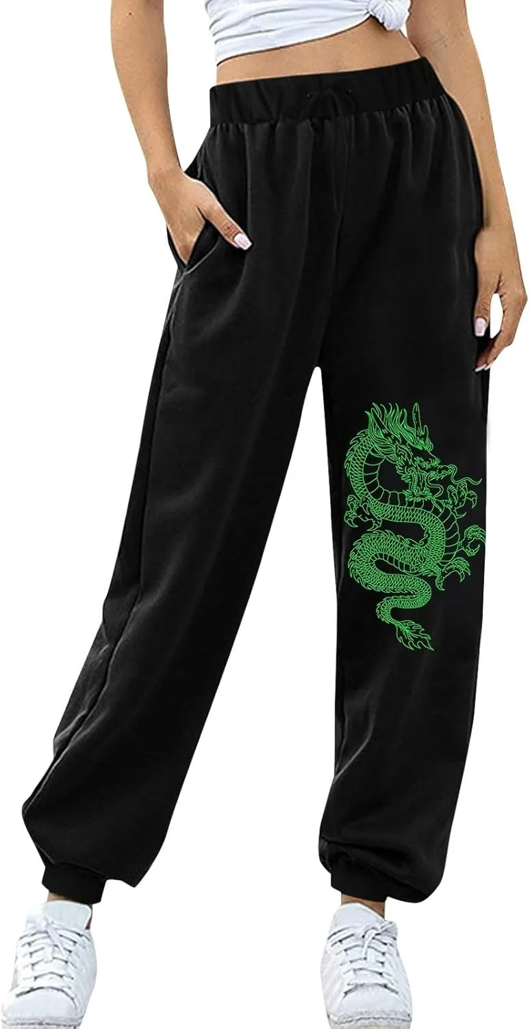 Womens Cinch Bottom Sweatpants Dragon Graphic Joggers Baggy High Waisted Drawstring Waist Active Running Pants with Pockets