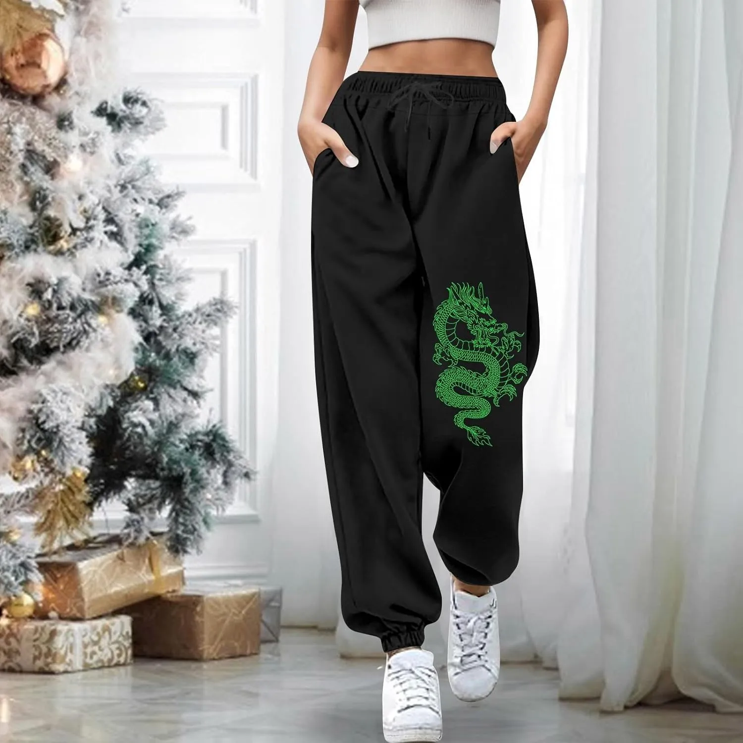 Womens Cinch Bottom Sweatpants Dragon Graphic Joggers Baggy High Waisted Drawstring Waist Active Running Pants with Pockets