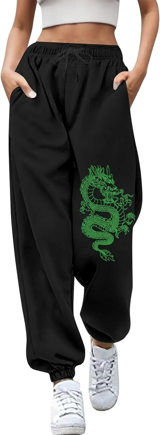 Womens Cinch Bottom Sweatpants Dragon Graphic Joggers Baggy High Waisted Drawstring Waist Active Running Pants with Pockets
