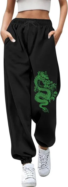 Womens Cinch Bottom Sweatpants Dragon Graphic Joggers Baggy High Waisted Drawstring Waist Active Running Pants with Pockets
