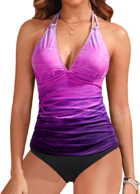 Yonique Womens Two Piece Swimsuits Tummy Control Tankini Plus Size Bathing Suit Halter V Neck Swimwear