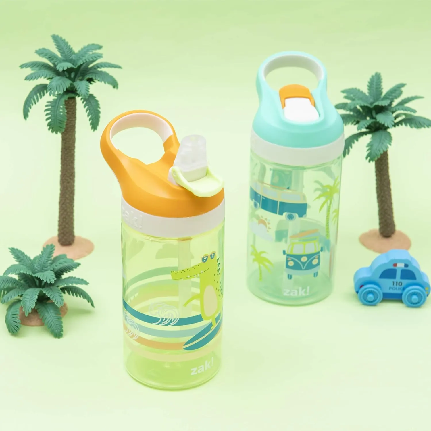 Zak Designs Atlantic Kids Water Bottle For School or Travel, 16oz Durable Plastic Water Bottle With Straw, Handle, and Leak-Proof, Pop-Up Spout Cover, 2-Pack (Surf Boards and Palm Trees)