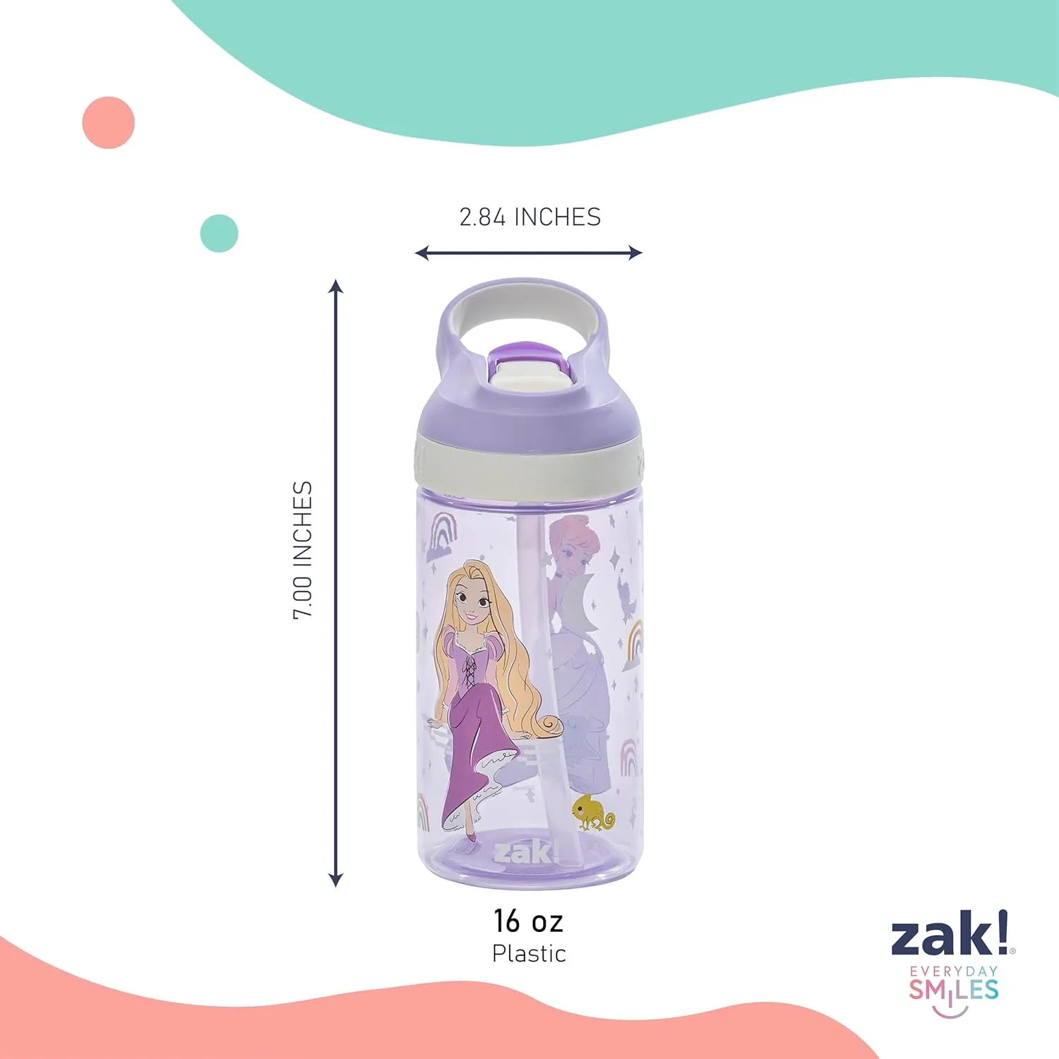 Zak Designs Disney Princess Atlantic Kids Water Bottle For School or Travel, 16oz Durable Plastic Water Bottle With Straw, Handle, Leak-Proof Spout Cover, 2-Pack (Ariel, Cinderella, Moana, Rapunzel)