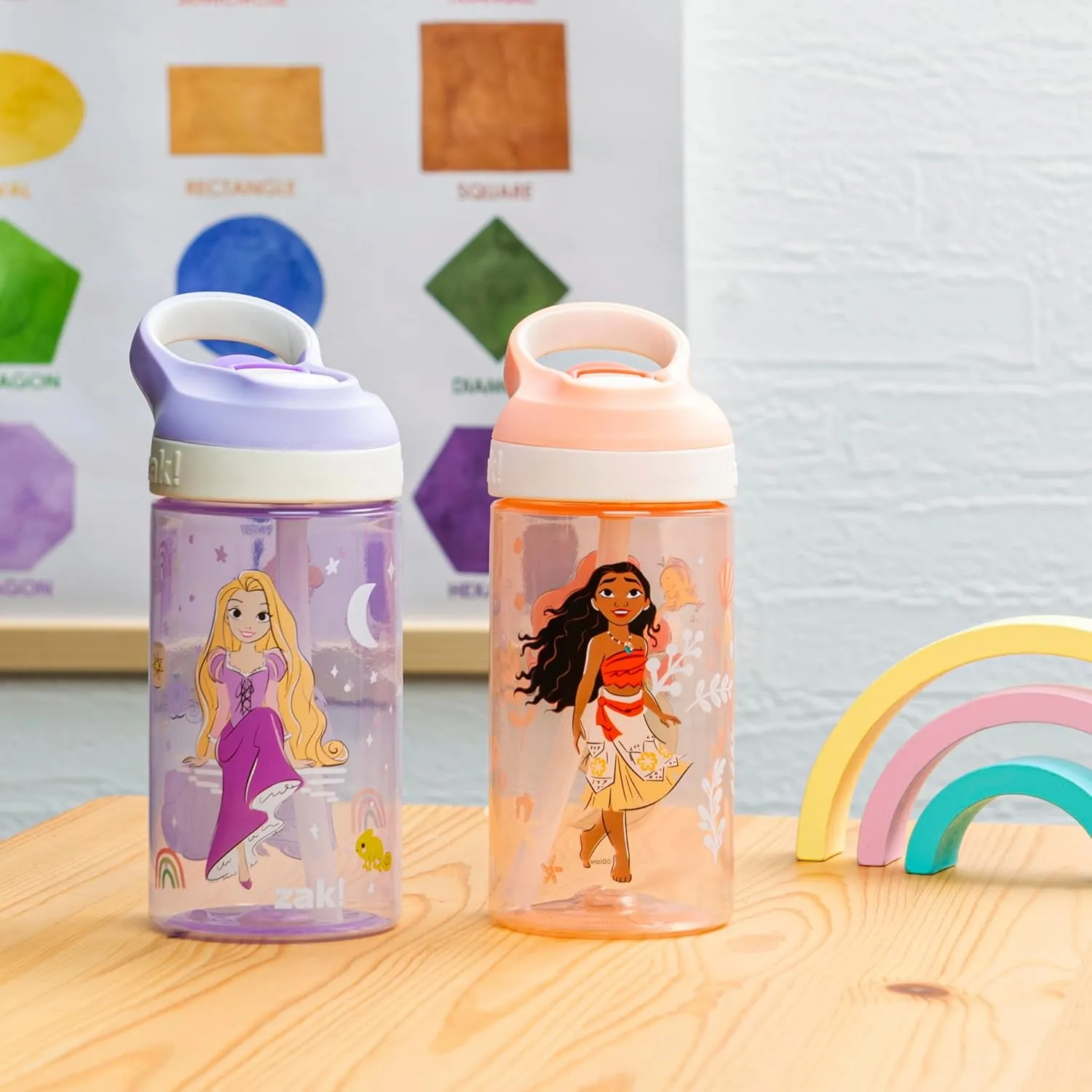 Zak Designs Disney Princess Atlantic Kids Water Bottle For School or Travel, 16oz Durable Plastic Water Bottle With Straw, Handle, Leak-Proof Spout Cover, 2-Pack (Ariel, Cinderella, Moana, Rapunzel)