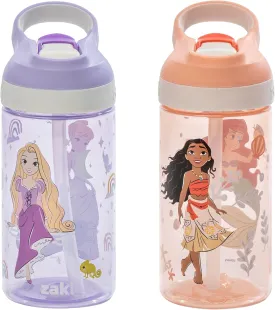Zak Designs Disney Princess Atlantic Kids Water Bottle For School or Travel, 16oz Durable Plastic Water Bottle With Straw, Handle, Leak-Proof Spout Cover, 2-Pack (Ariel, Cinderella, Moana, Rapunzel)