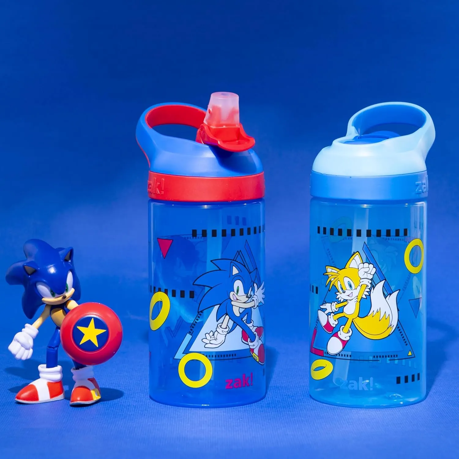 Zak Designs Sonic the Hedgehog Atlantic Kids Water Bottle For School or Travel, 16oz Durable Plastic Water Bottle With Straw, Handle, and Leak-Proof Spout Cover, 2-Pack (Sonic, Knuckles, Tails, Amy)