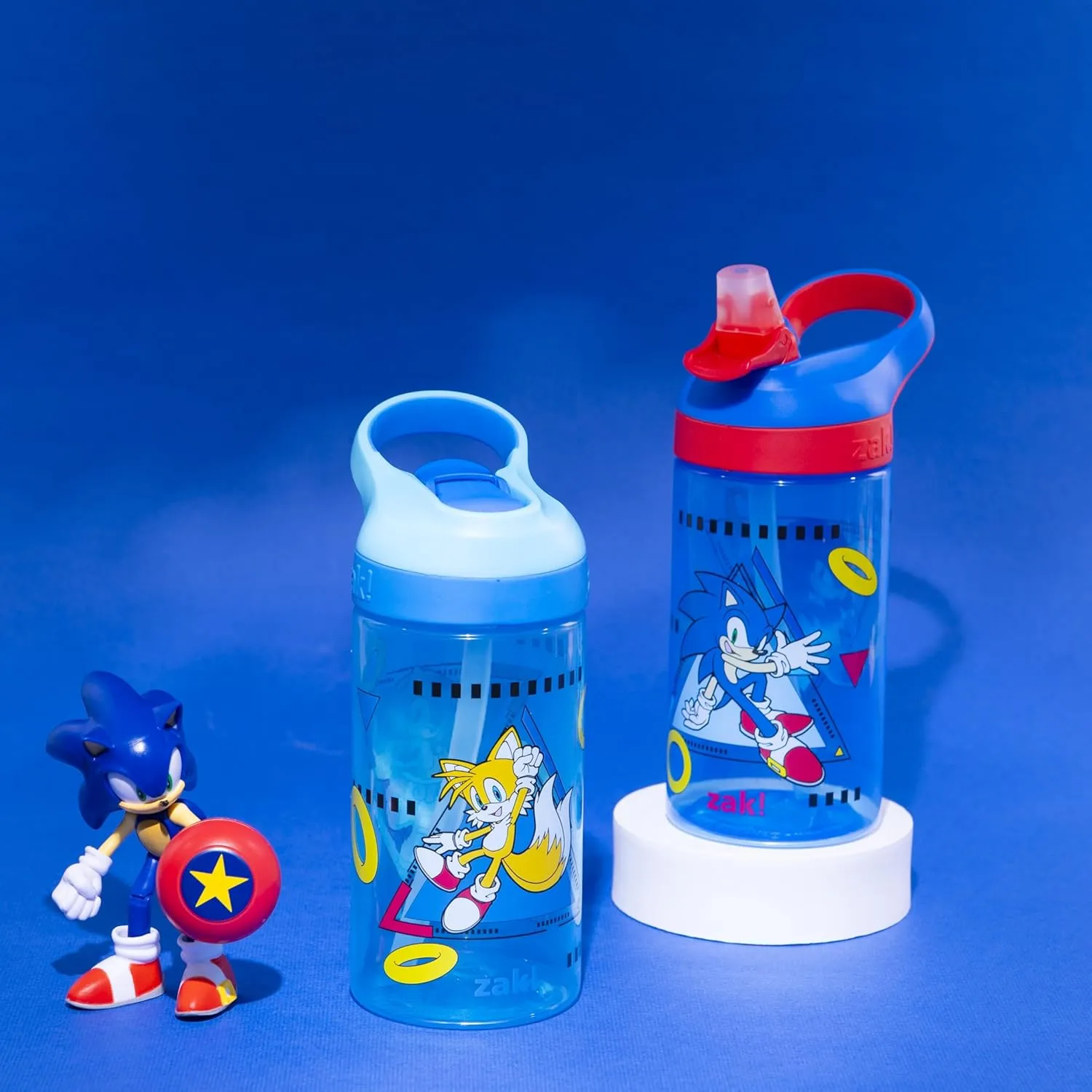 Zak Designs Sonic the Hedgehog Atlantic Kids Water Bottle For School or Travel, 16oz Durable Plastic Water Bottle With Straw, Handle, and Leak-Proof Spout Cover, 2-Pack (Sonic, Knuckles, Tails, Amy)