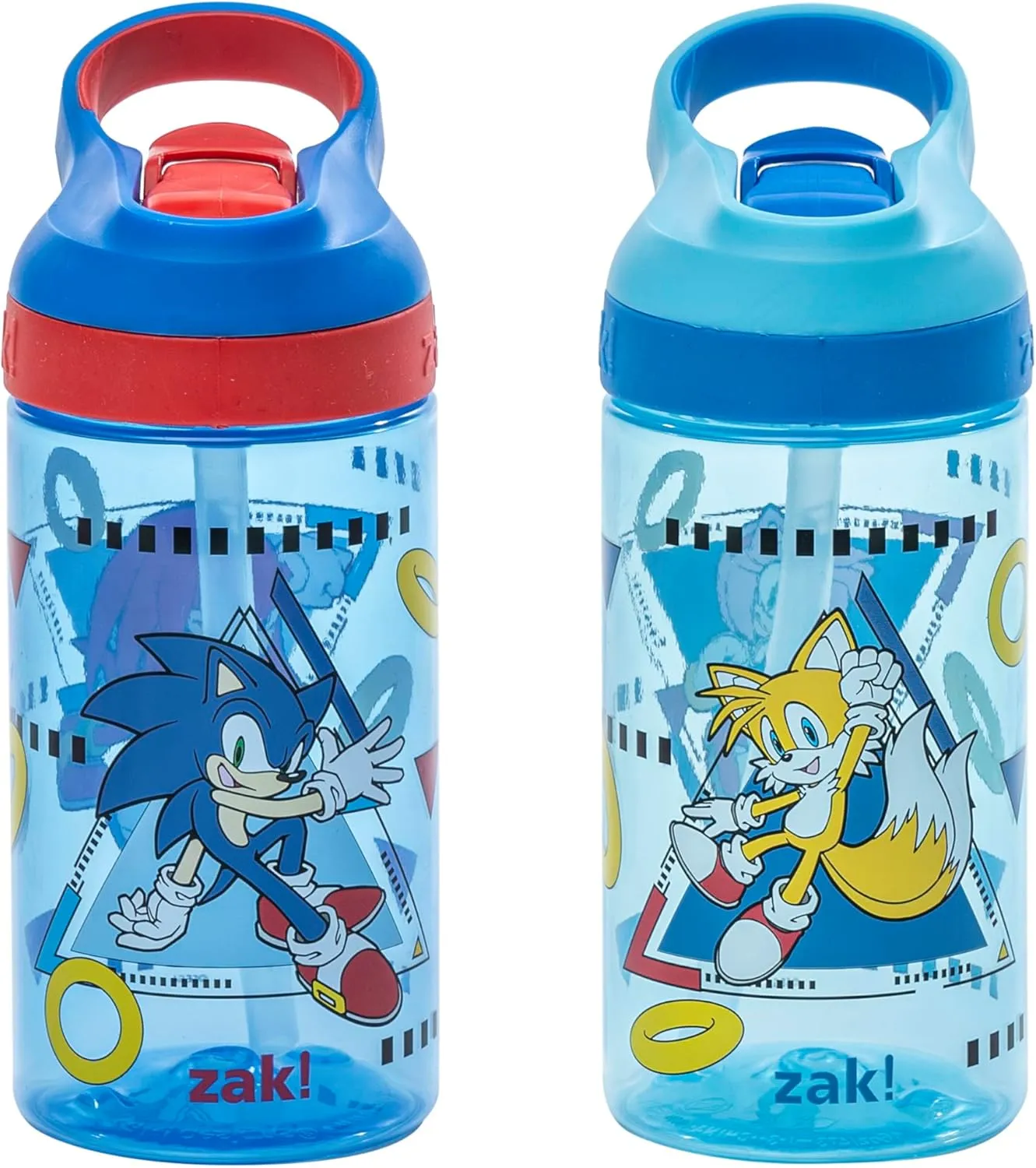 Zak Designs Sonic the Hedgehog Atlantic Kids Water Bottle For School or Travel, 16oz Durable Plastic Water Bottle With Straw, Handle, and Leak-Proof Spout Cover, 2-Pack (Sonic, Knuckles, Tails, Amy)
