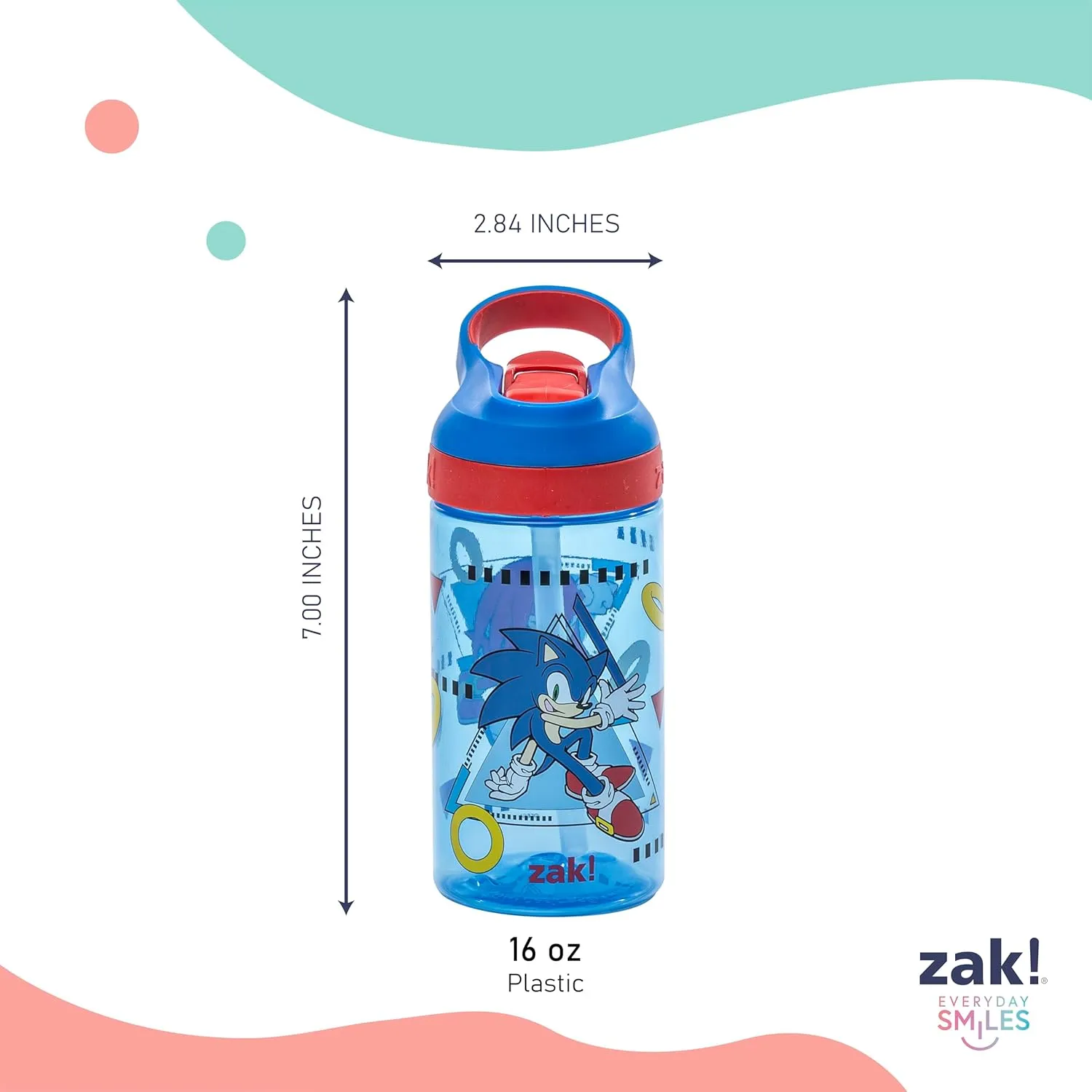 Zak Designs Sonic the Hedgehog Atlantic Kids Water Bottle For School or Travel, 16oz Durable Plastic Water Bottle With Straw, Handle, and Leak-Proof Spout Cover, 2-Pack (Sonic, Knuckles, Tails, Amy)