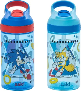 Zak Designs Sonic the Hedgehog Atlantic Kids Water Bottle For School or Travel, 16oz Durable Plastic Water Bottle With Straw, Handle, and Leak-Proof Spout Cover, 2-Pack (Sonic, Knuckles, Tails, Amy)