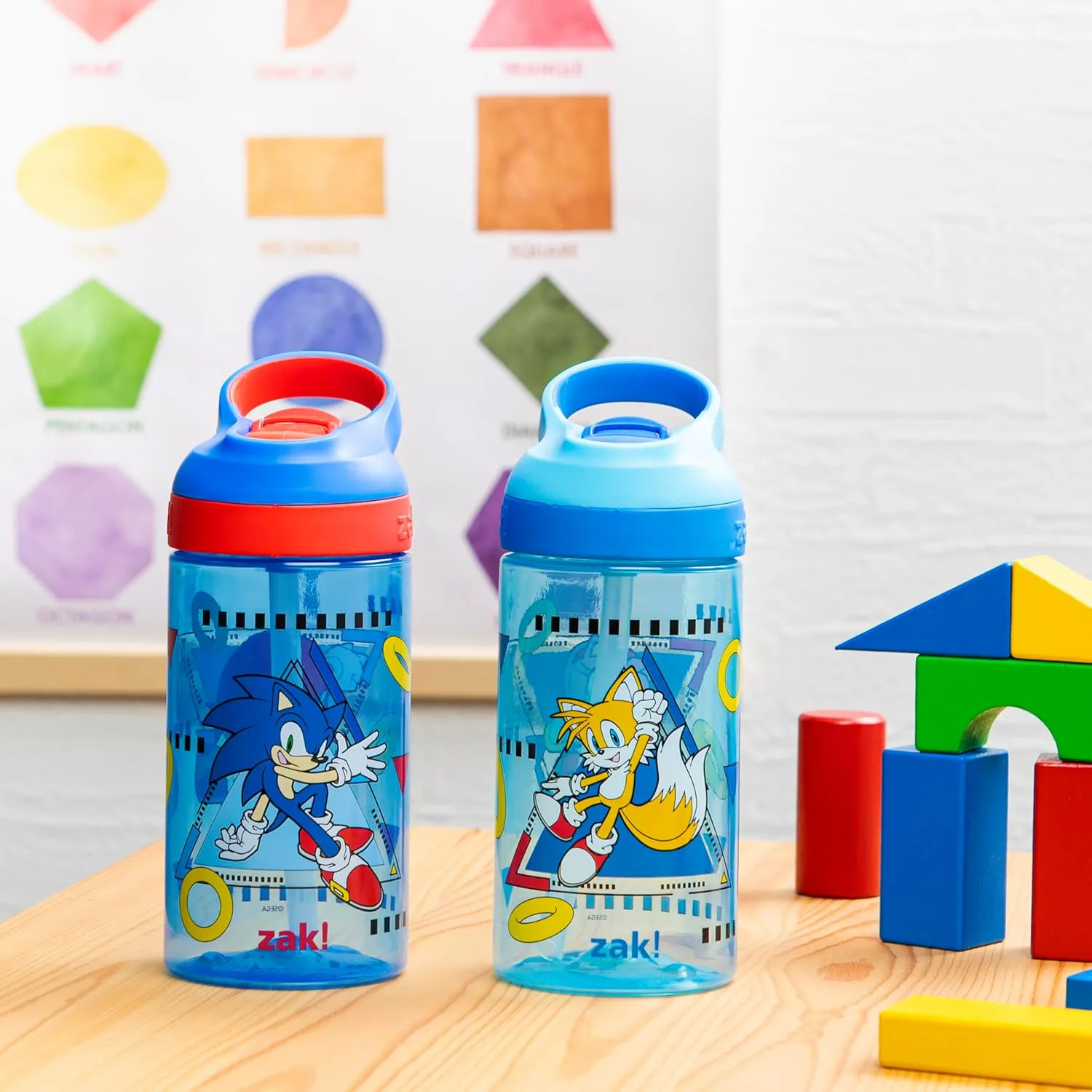 Zak Designs Sonic the Hedgehog Atlantic Kids Water Bottle For School or Travel, 16oz Durable Plastic Water Bottle With Straw, Handle, and Leak-Proof Spout Cover, 2-Pack (Sonic, Knuckles, Tails, Amy)